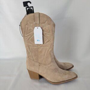 Time and Tru Beige Faux Suede Western Women 8.5 Mid-Calf Boots Zip Pointed Toe